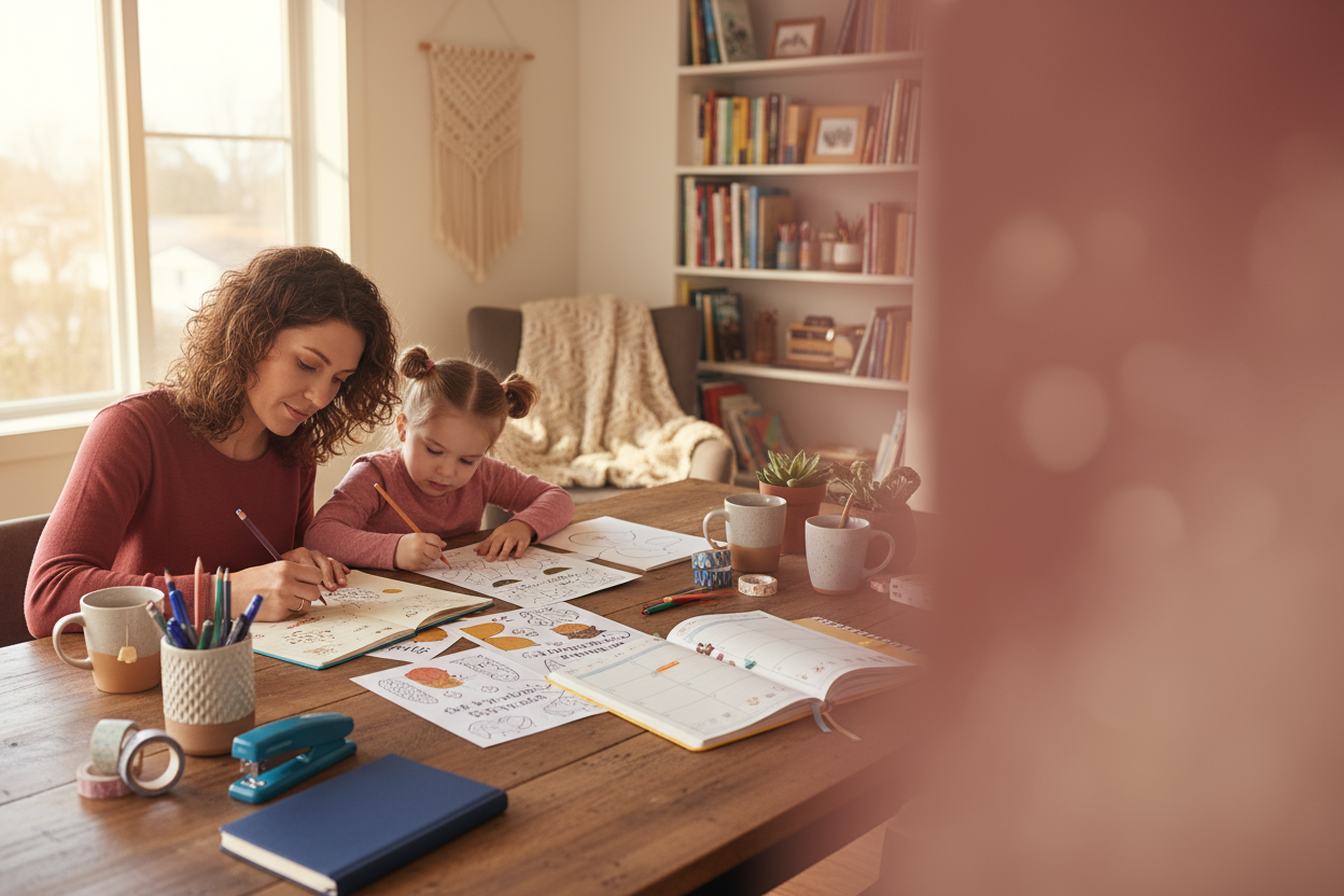 A cozy creative workspace showing a mother and child drawing together with printed coloring pages and planners spread on a wooden table. Warm daylight, soft red-brown tones, hints of blue stationery.
Add subtle background blur to leave space for store title and CTA.
Composition horizontal 1920×1080 px, for Shopify banner.